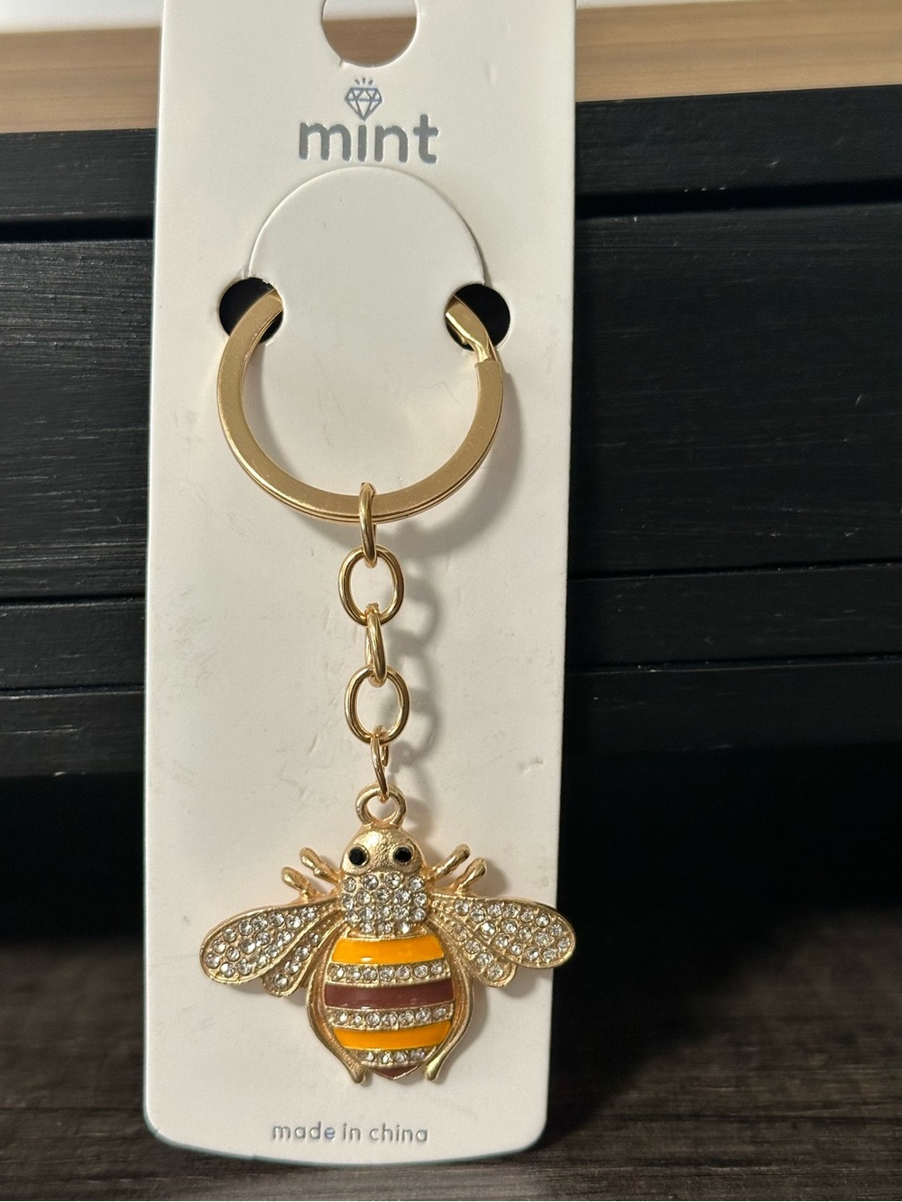 Gold Enamel & Rhinestones Bee Keychain